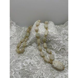 Vintage African Style Carved White Soap Stone Breaded Necklace